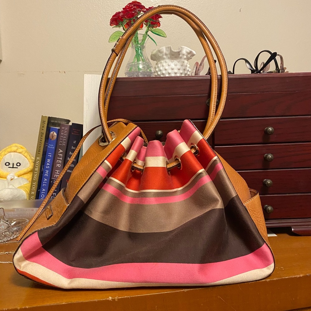 Kate Spade Multicolored Striped Canvas and Leather Cinch Shoulder Bag